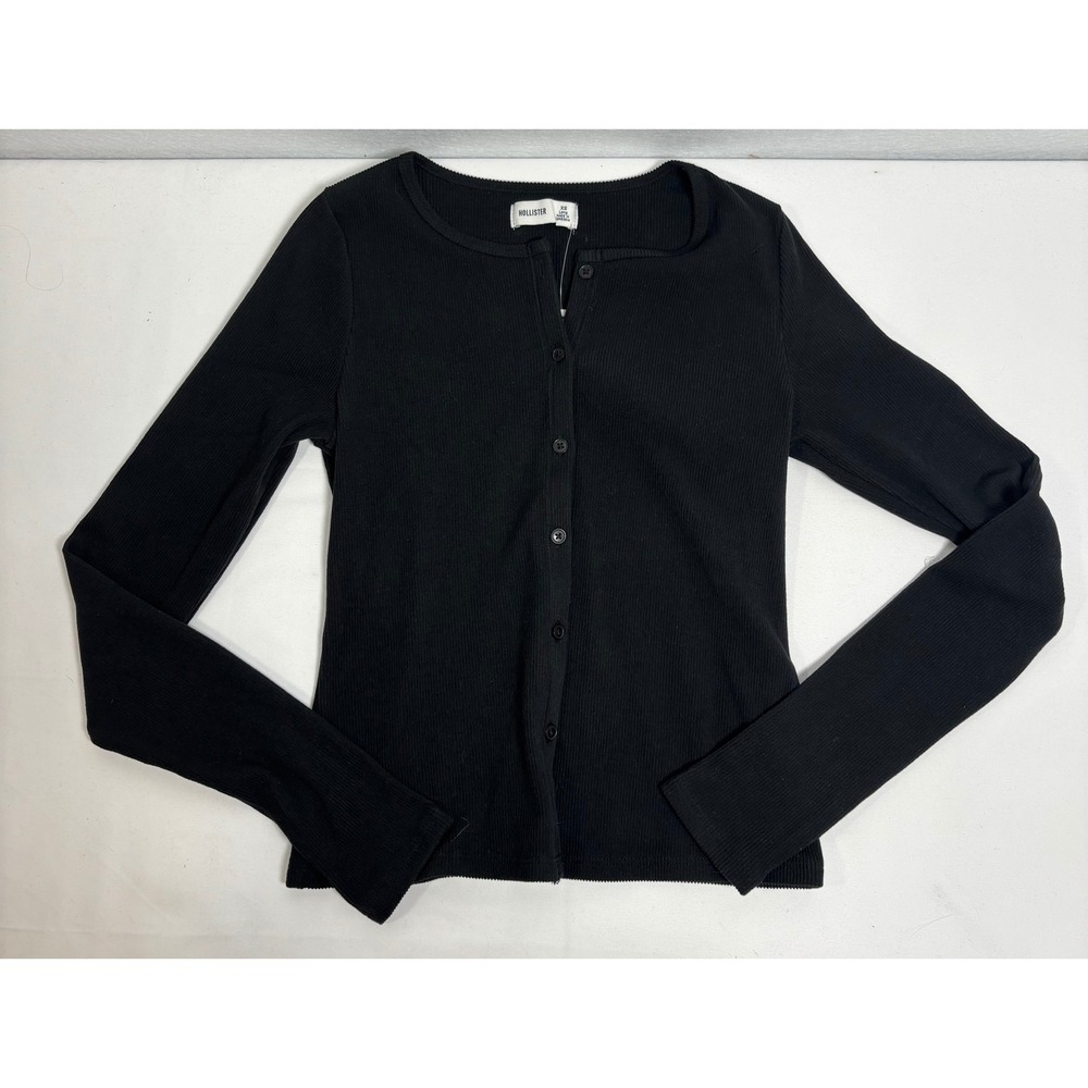 Hollister Cardigan Top Womens XS Black Ribbed Knit Long Sleeve Button Up Classic